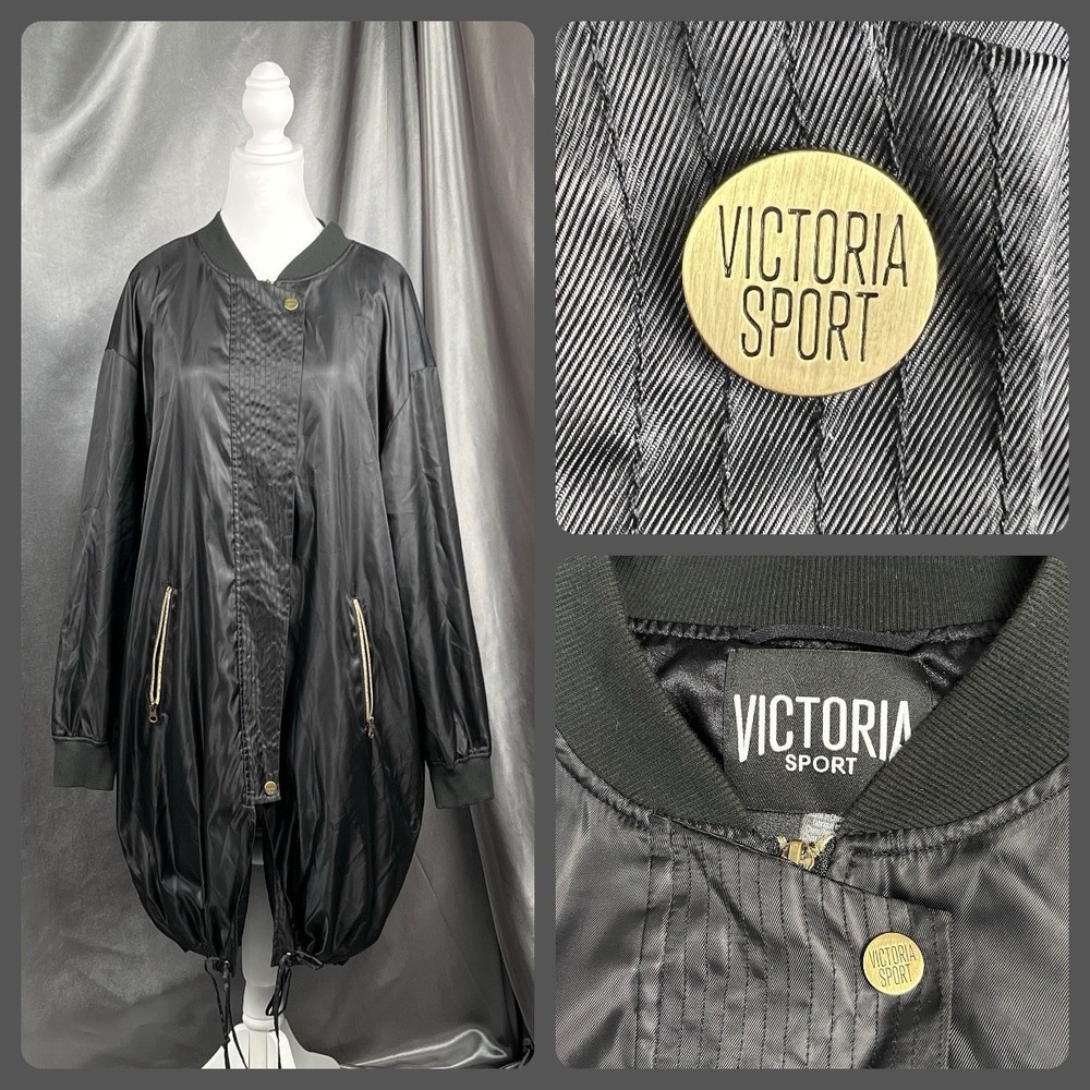 Victoria's Secret‎ Sport Longline Bomber Jacket Women's M Black / Gold Satin Gym